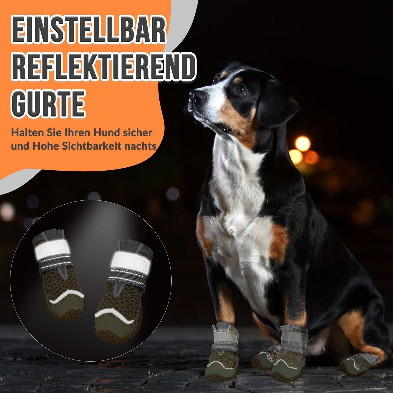 Detalle de Eyein Hundeschuhe Pfotenschutz – 2er-Pack, atmungsaktiv, rutschfeste Sohle, Reflektor-Klettverschluss, Größe 4, Braun