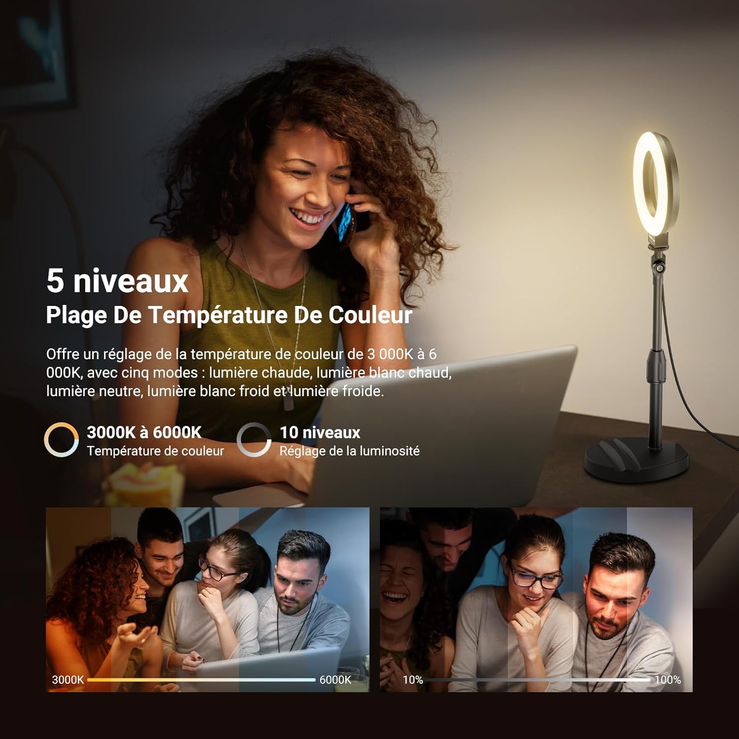 Thumbnail 2 de NEEWER BASICS 5" Ring Light avec Support et Pince – LED 10W, USB, Noir (BR60)