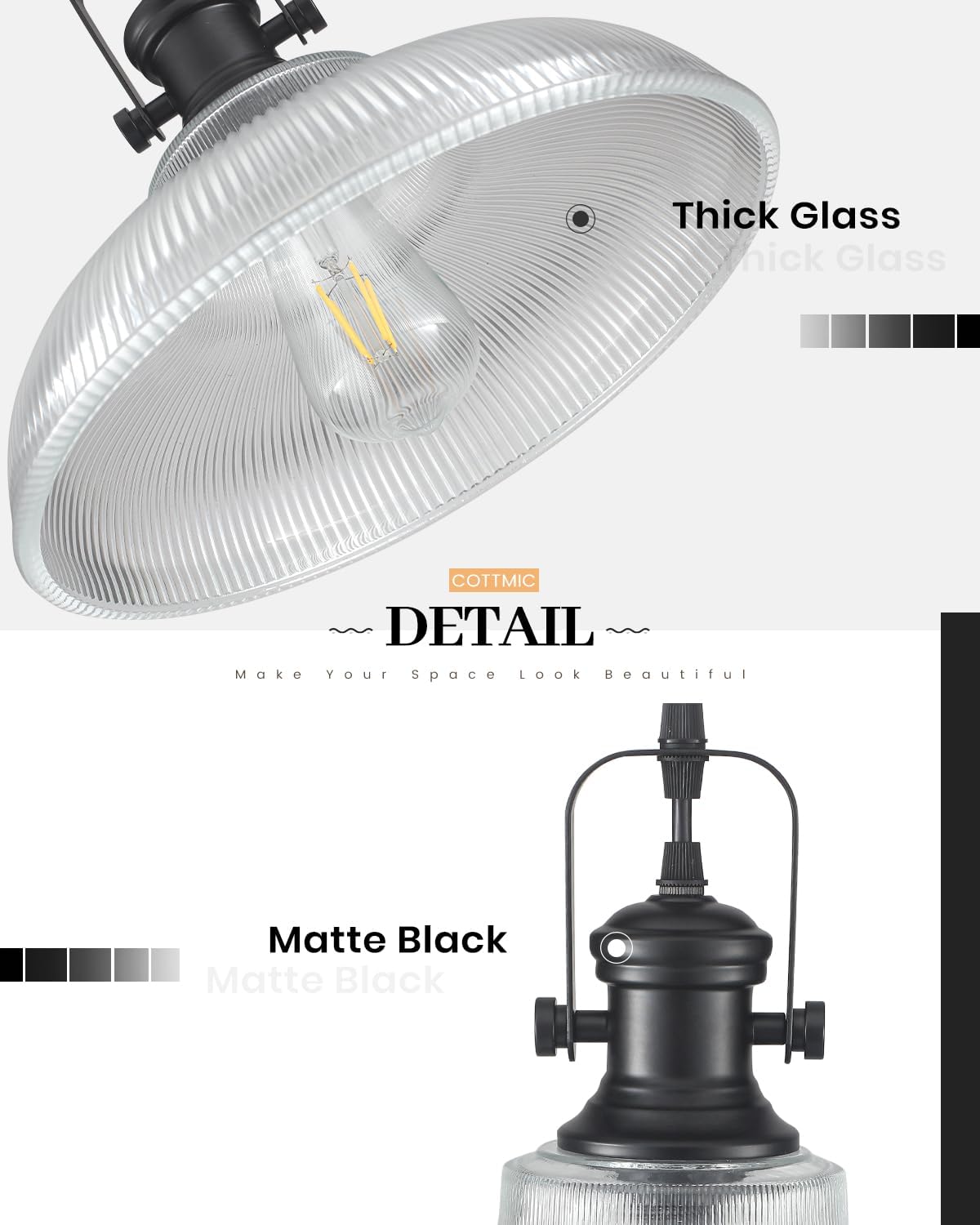 Detalle de COTTMIC SGP-Glass-Black-1p Black Ribbed Glass Pendant Light, Adjustable 66in Cord