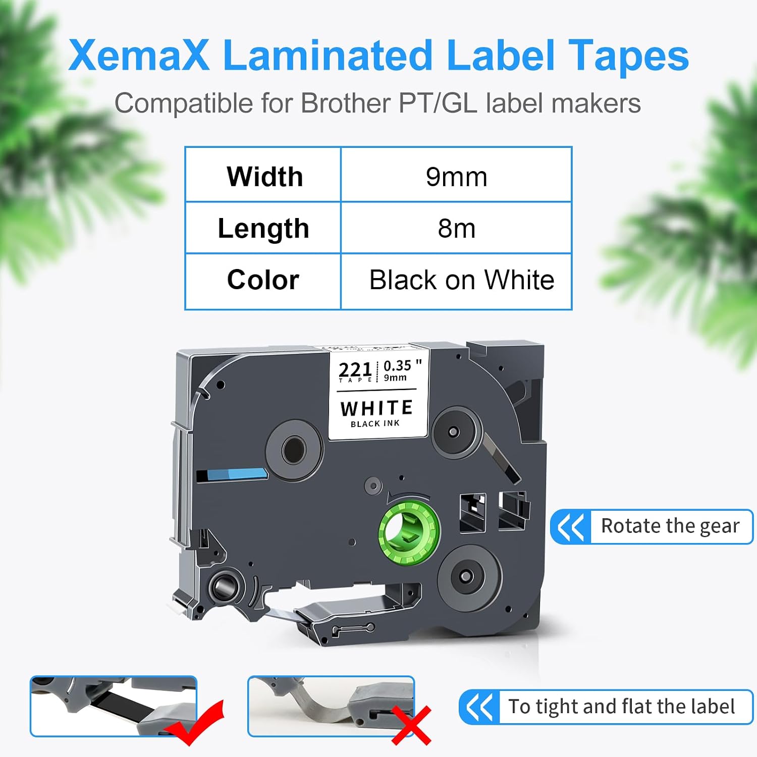 Detalle de 3x 9mm Black on White TZe-221 compatible label tape for Brother P-touch printers