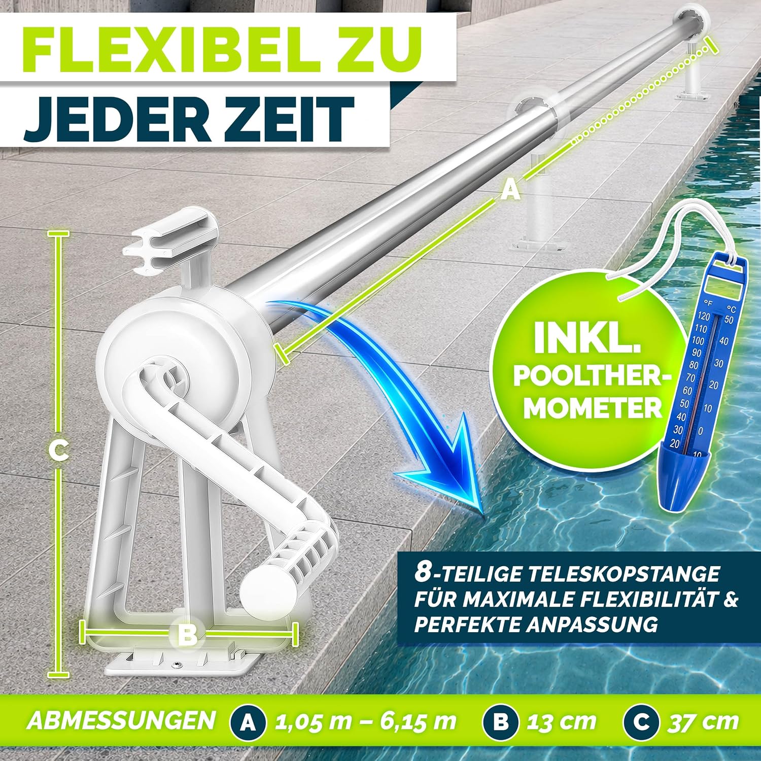 Thumbnail 1 de tillvex Pool Aufroller Premium 1,05-6,15 m – zuverlässige Aufrollvorrichtung für Solarplane mit Thermometer