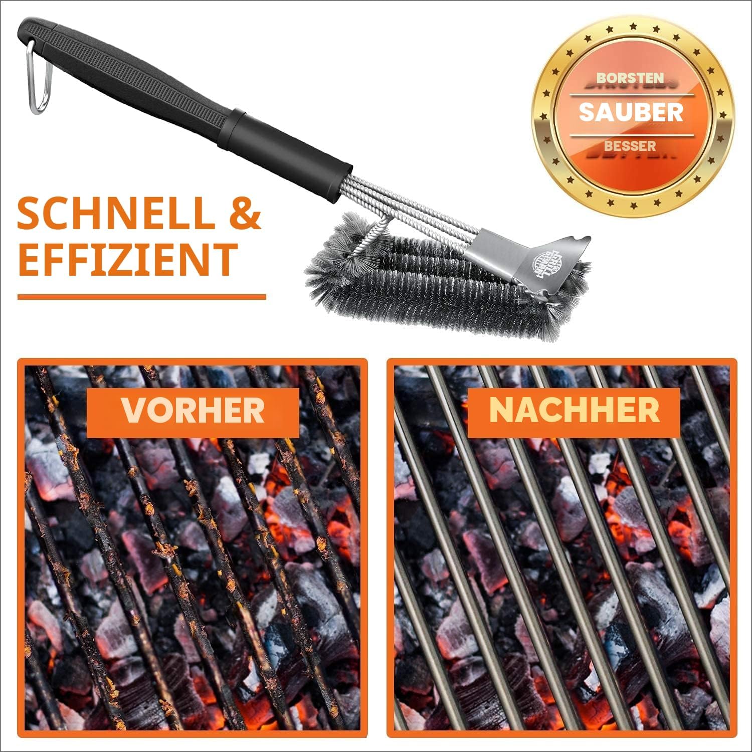 Detalle 2 de BBQ Grill Reinigungsbürste & Schaber – 45 cm Edelstahl-Grillbürste mit Schaber (3-in-1) für Weber Gas/Holzkohle/Elektro/Infrarot