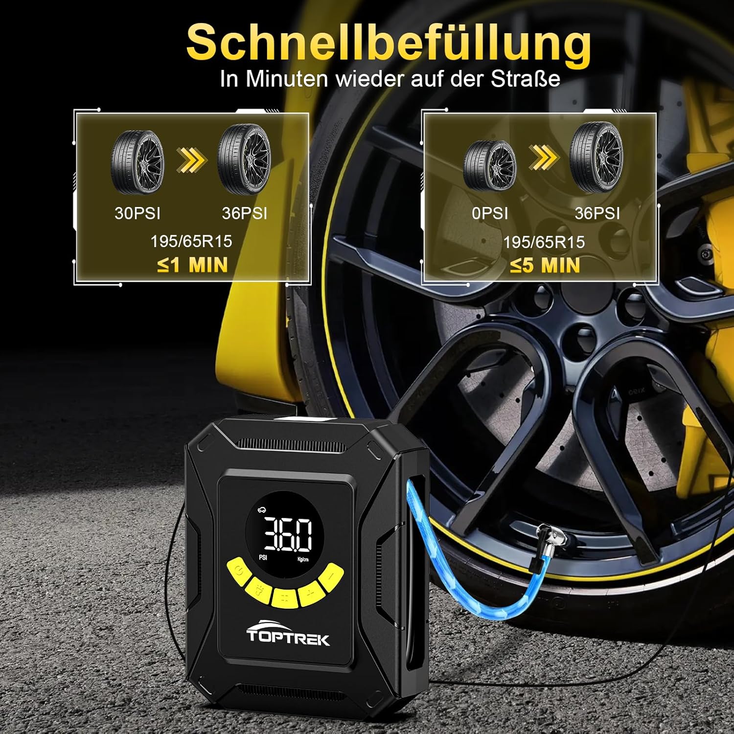 Thumbnail 1 de toptrek Kompressor Auto 12V DC – Autoreifen Pumpe bis 10,3 bar mit großem LCD-Display