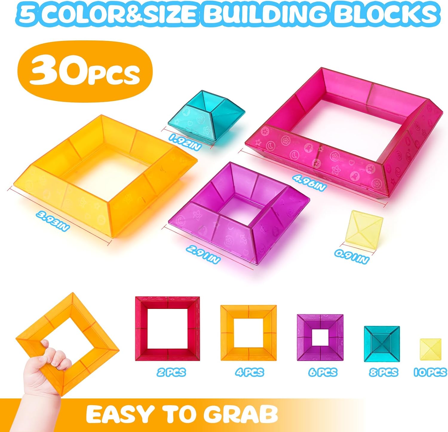 Detalle de MAKE KIDS SMILE BUBBLE FUN 30-Piece Translucent Building Blocks Set (Ages 3–6) for STEM & Light Tables