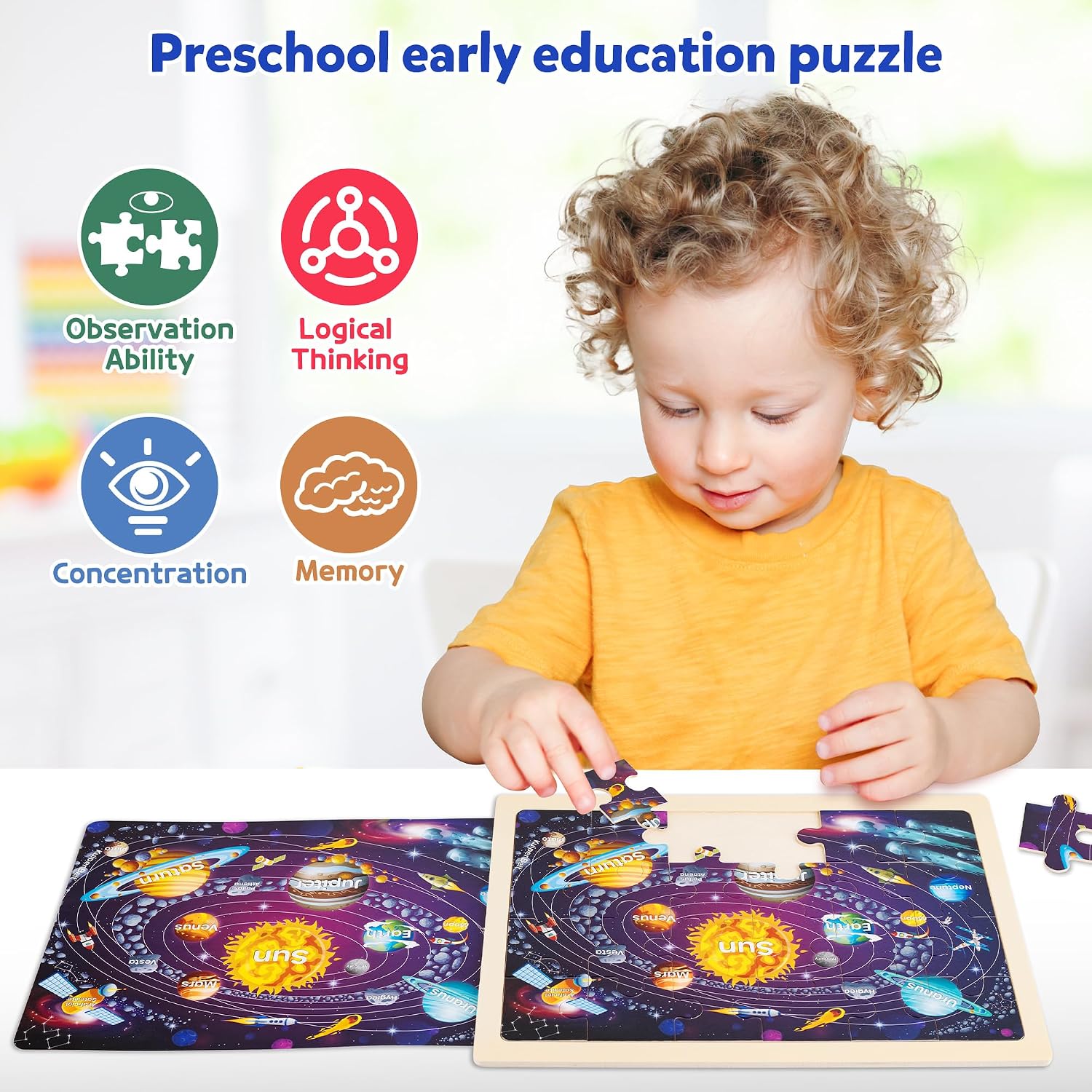 Detalle 2 de SYNARRY Large US World Earth Solar System Wooden Puzzles for Kids (4-Pack, 24 Pieces Each)