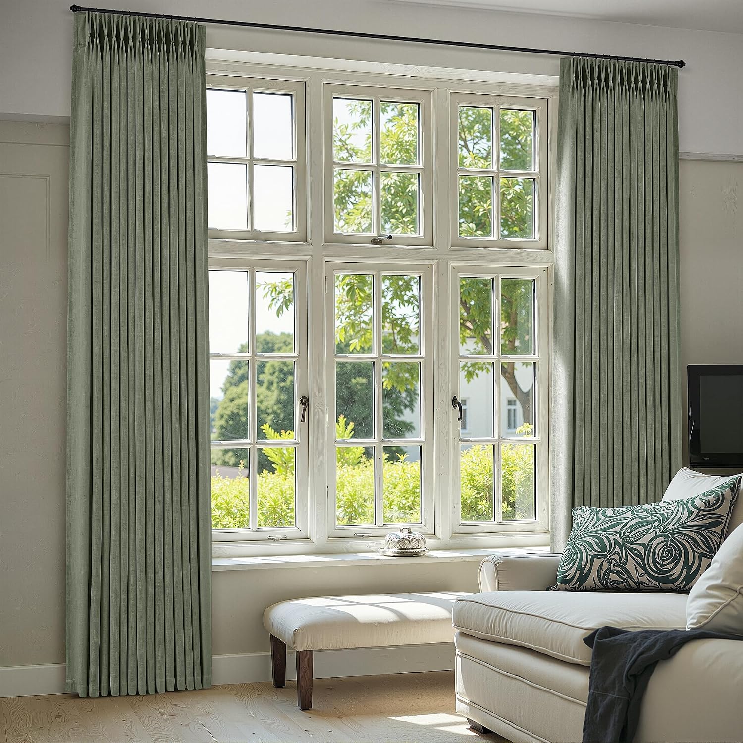Detalle de COMON HOME Sage Green Pinch Pleated Linen Curtain (102 Inches) with Rings, Hooks, Clips, Back Tab – Light Filtering, Boho Farmhouse Style