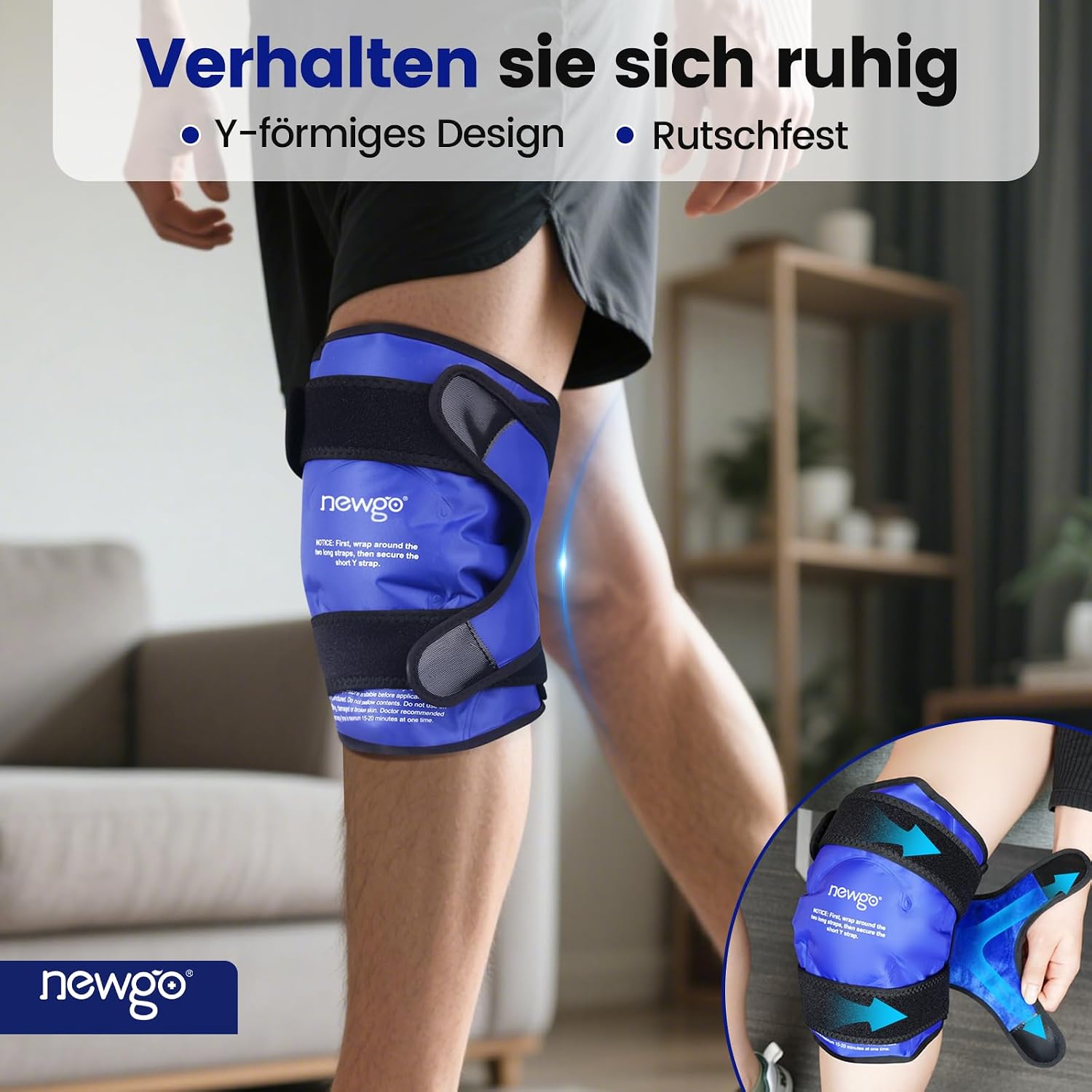 Detalle de NEWGO Kniekühlmanschette mit 3 Klettverschlüssen – volle Umkühlung für Schmerzlinderung