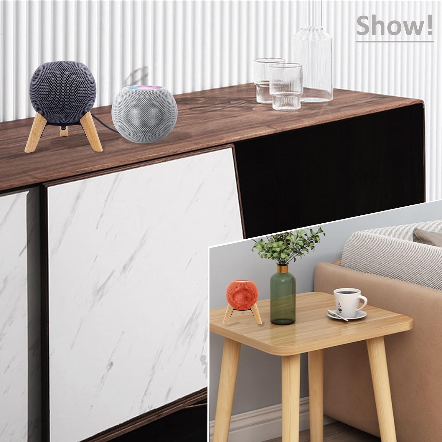 Detalle 2 de Counlisha HomePod mini用木製スタンド ホワイトオーク・金属フレーム・滑り止めパッド付き