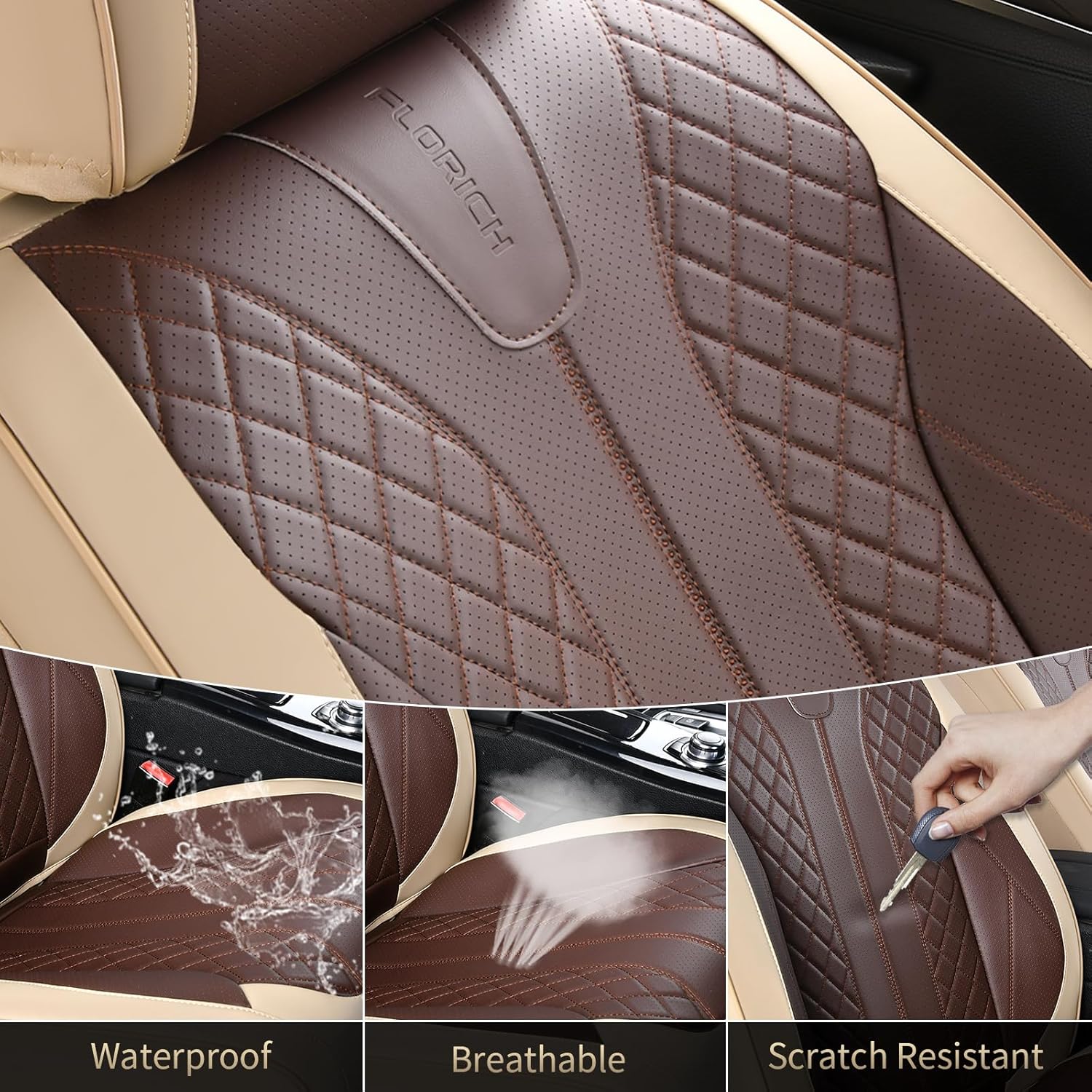 Detalle 2 de FLORICH Front and Back Leather Seat Covers for Cars – Full Set (5 Seats), Beige & Coffee, Universal Fit