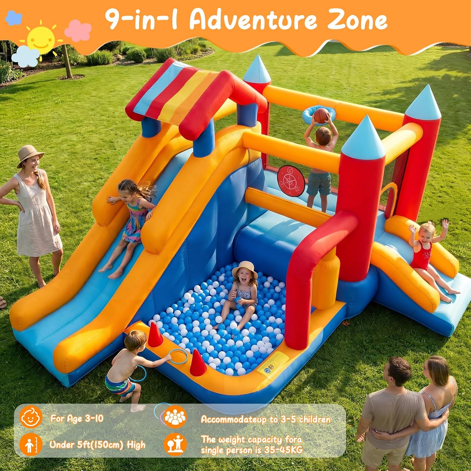 Thumbnail 1 de Bouncy Castle with Slide for Children: 9-in-1 Inflatable Play Centre