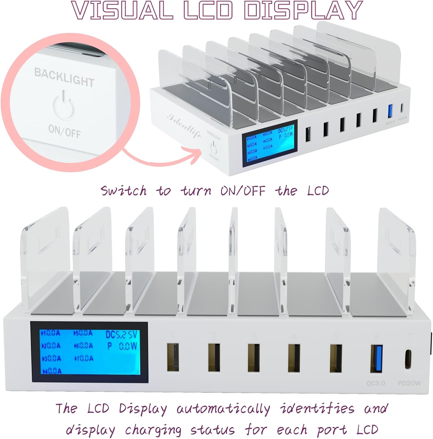 Detalle de ideallife QC3.0-laadstation met LCD-scherm, verstelbare verdelers en 7 kabels
