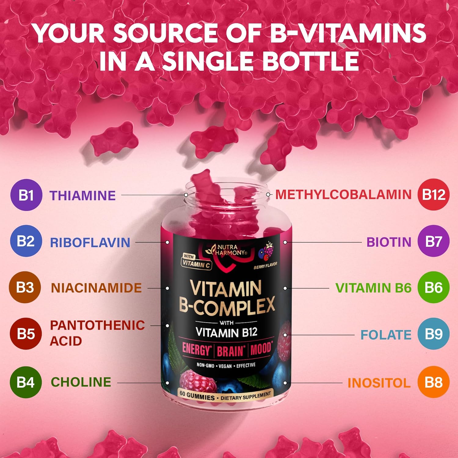 Detalle 2 de NUTRAHARMONY B-Complex Gummies, Vegan Mixed Berry with B12 and Vitamin C