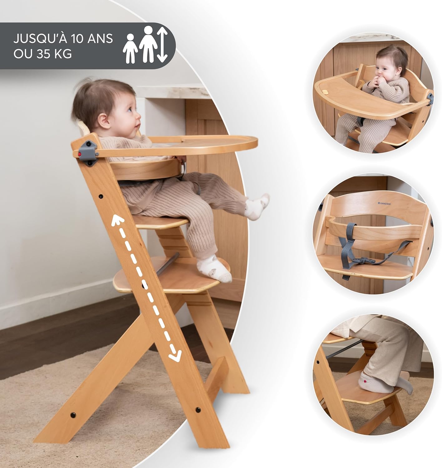 Detalle de KikkaBoo Chaise Haute Bébé Évolutive NORDY – chaise bois de hêtre, réglable jusqu’à 35 kg