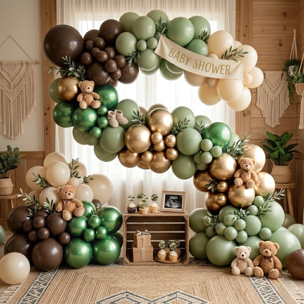 Thumbnail 3 de Sage Green Brown Safari Balloons 60PVC – Dusty Olive Green, Beige, Metallic Gold & Eucalyptus Latex Party Set