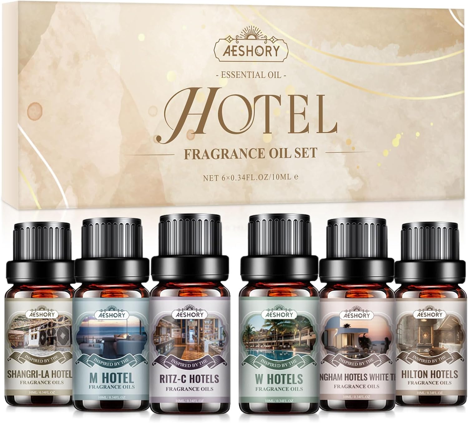 Detalle de AESHORY 6 x 10ml Hotel Essential Oils Set for Diffusers, Humidifiers & DIY (Fancy hotel-inspired scents)
