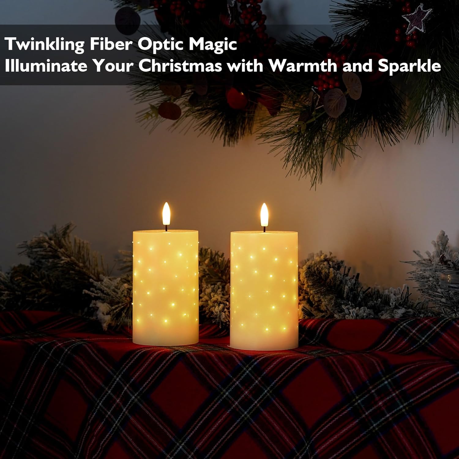 Detalle de Rhytsing White Real Wax LED Candles with Twinkle Fiber Optic Lights (Set of 2) – Battery Operated with Remote