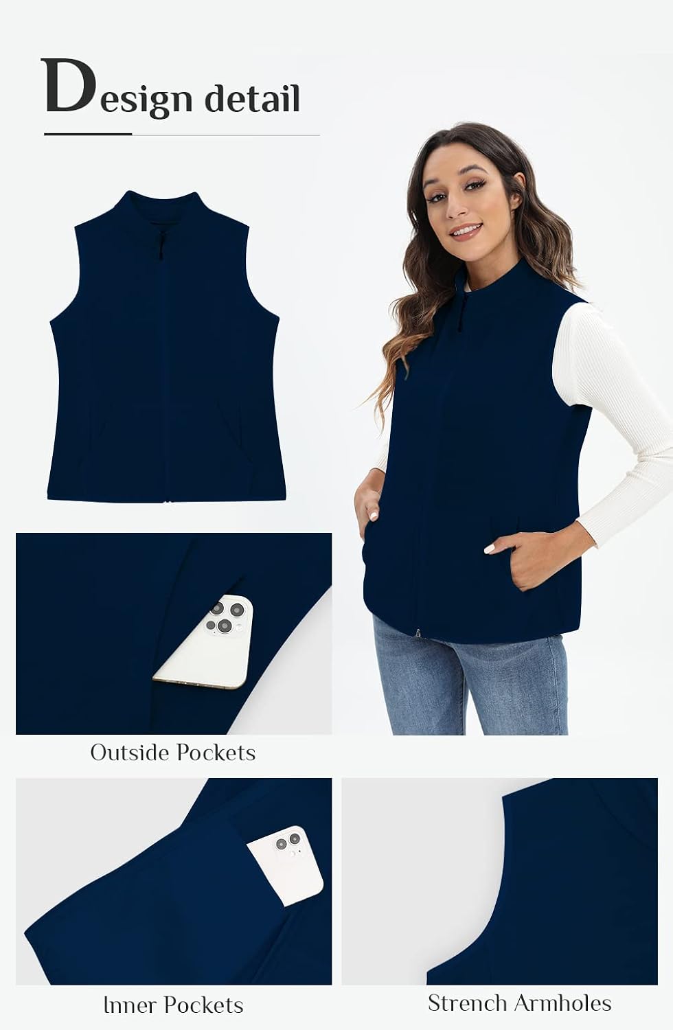 Detalle 2 de Xeoxarel Women's Fleece Vest with 6 Pockets, Full Zip, Stand Collar, XS–XXL