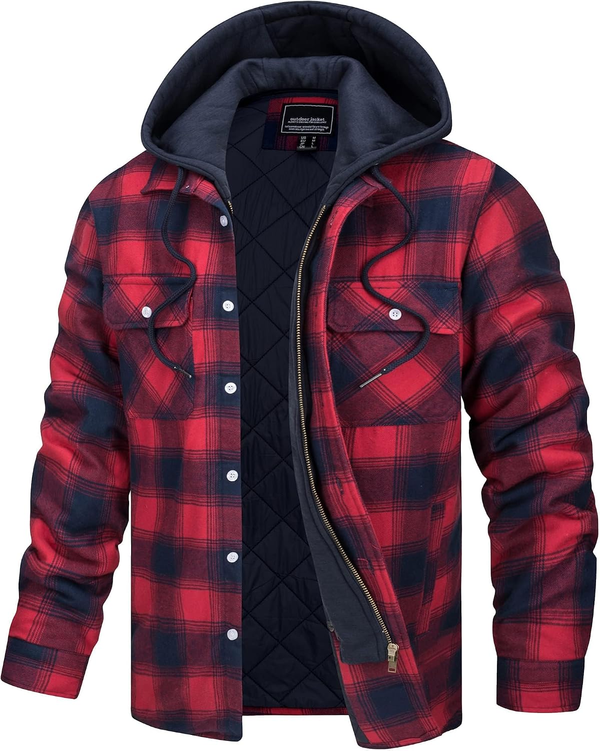 Detalle de TACVASEN Men's Quilted Flannel Shacket with Removable Hood, Plaid