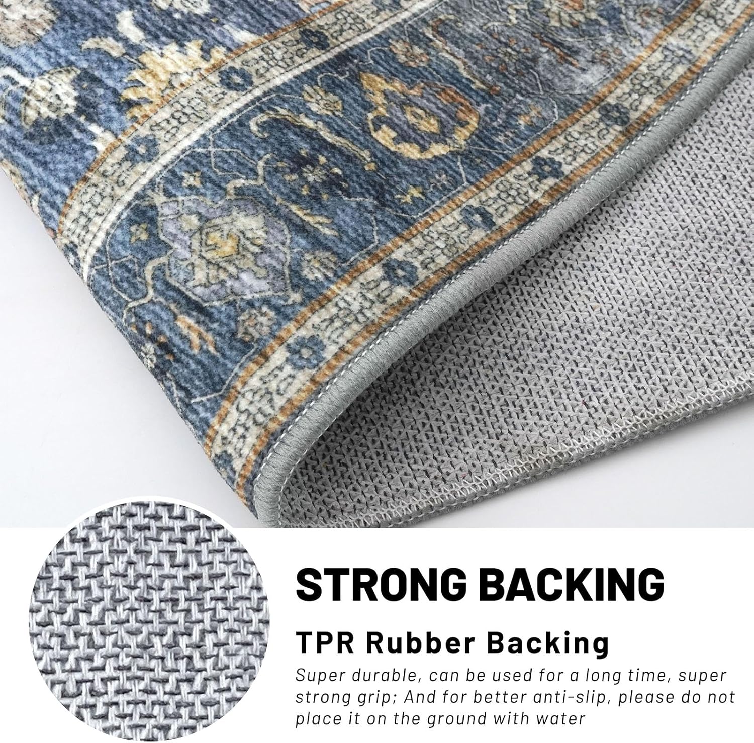 Thumbnail 5 de KUTA Vintage 2x3 Entryway Rug with Floral Print, Blue-Grey-Beige, Non-Slip, Washable