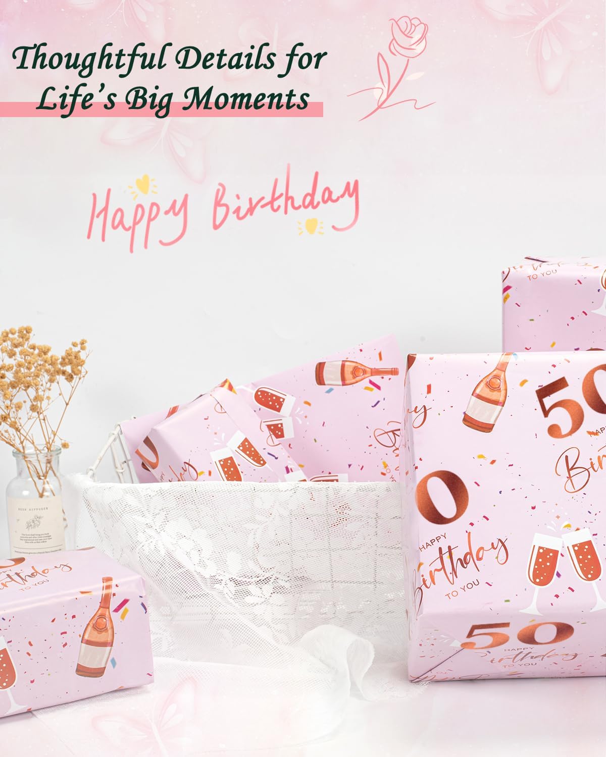 Detalle de Vinuwu 6 Sheets 50th Birthday Wrapping Paper – 70x50cm, Rose Gold Pink, Plastic Free & Recyclable