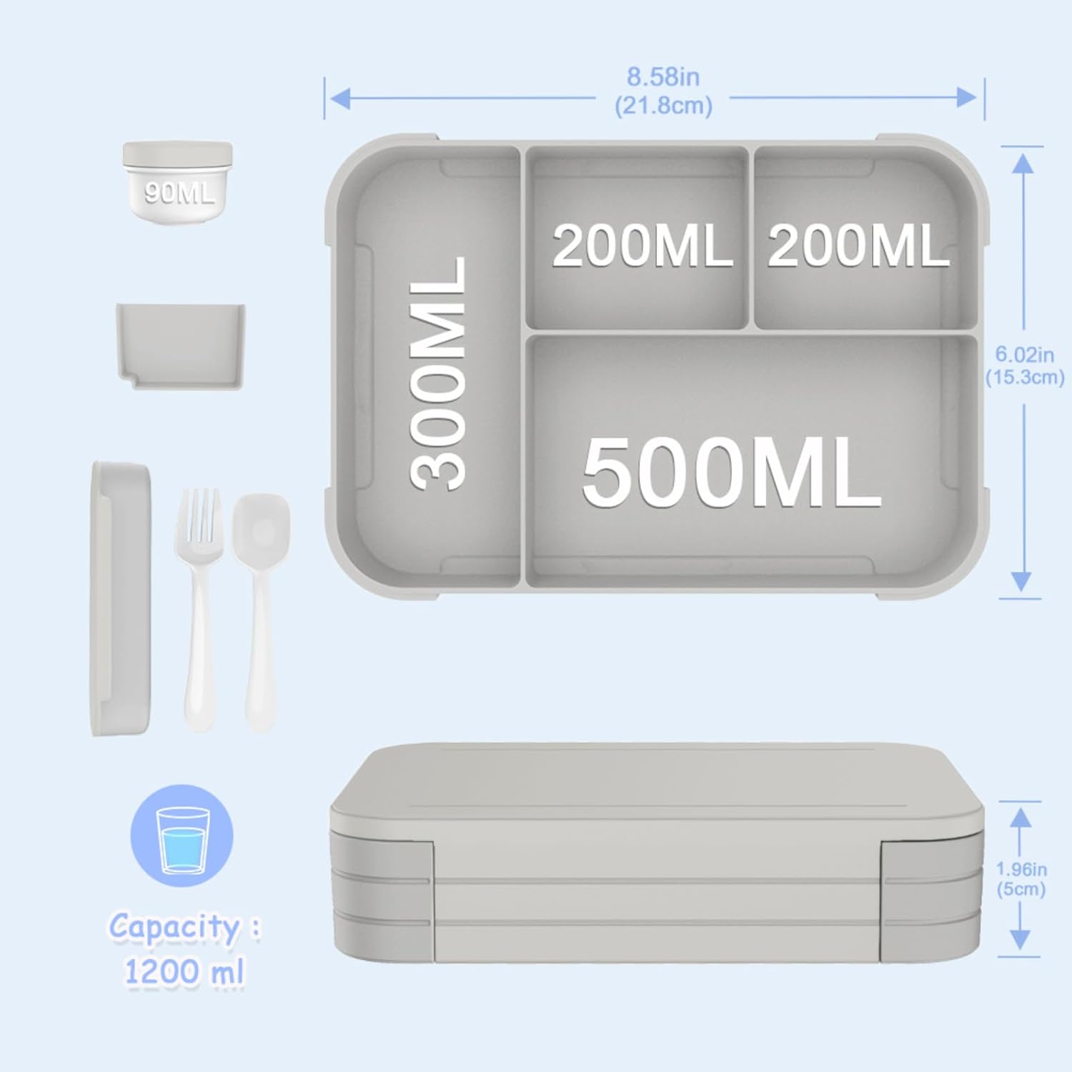 Thumbnail 5 de IJIAMY Brotdose Kinder mit Fächern – auslaufsichere Bento Box für Schule, Kindergarten und Ausflüge (Hellgrau)