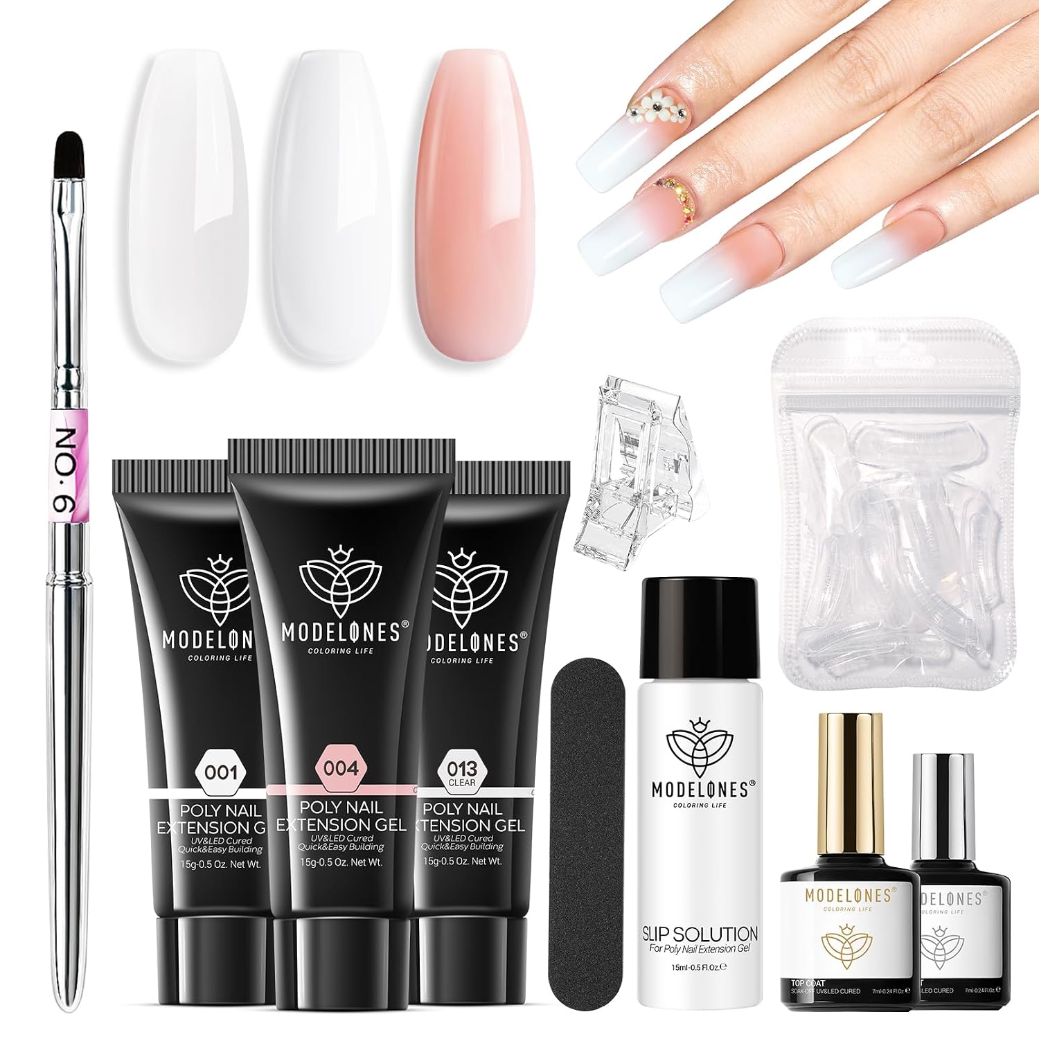 Detalle de Modelones Poly Gel Nail Kit: 3 Colors Clear, White & Apricot with Slip Solution and Dual Nail Forms