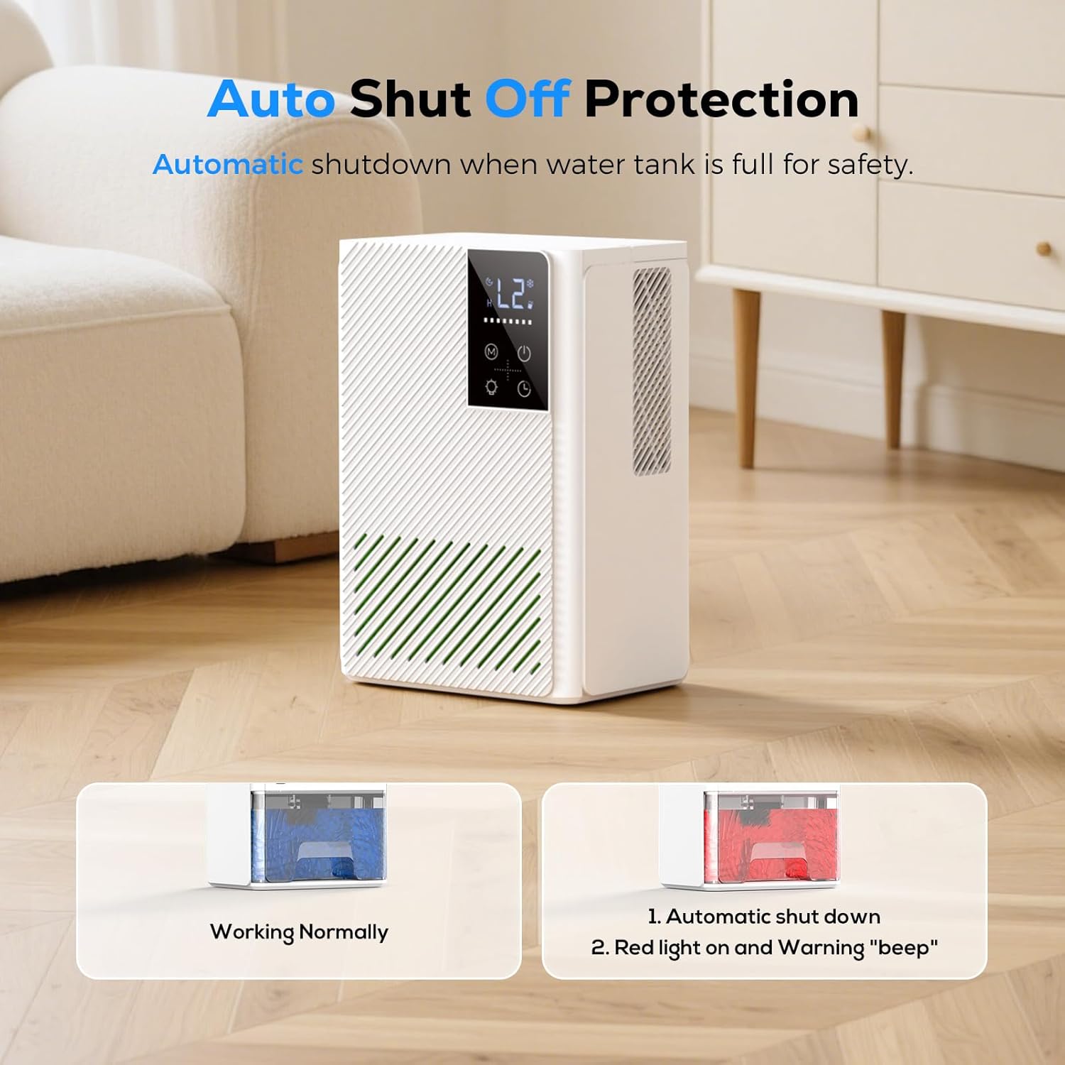 Detalle de Deumidificatore portatile 2500 ml con comandi touch, luci a 7 colori e spegnimento automatico — ideale per casa, bagno e ufficio