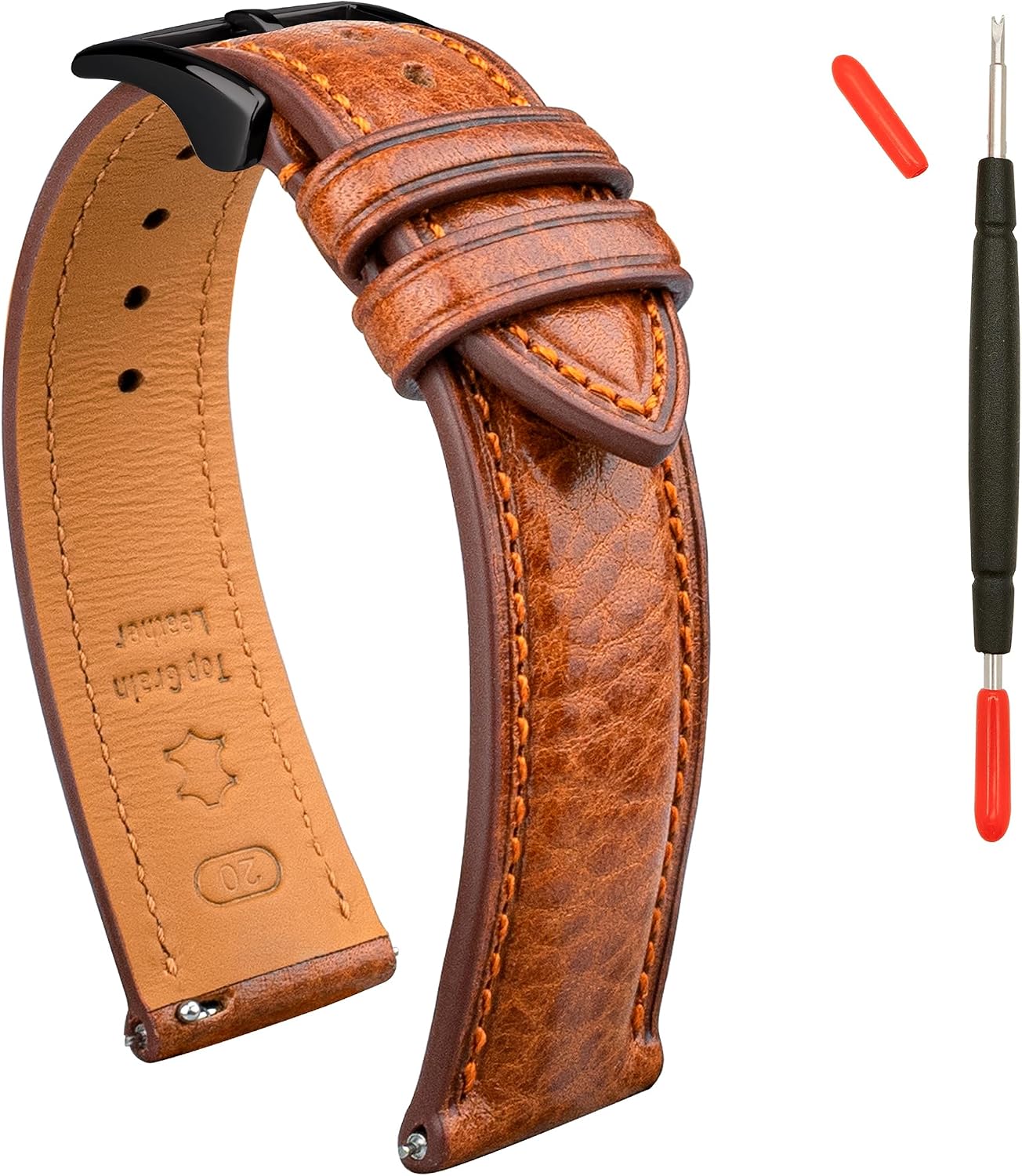 Detalle de Gomvadr Leder Uhrenarmband (pflanzlich gegerbtes Rindsleder) mit Schnellspanner – Ersatzband in 20 mm bis 22 mm XL/XXL