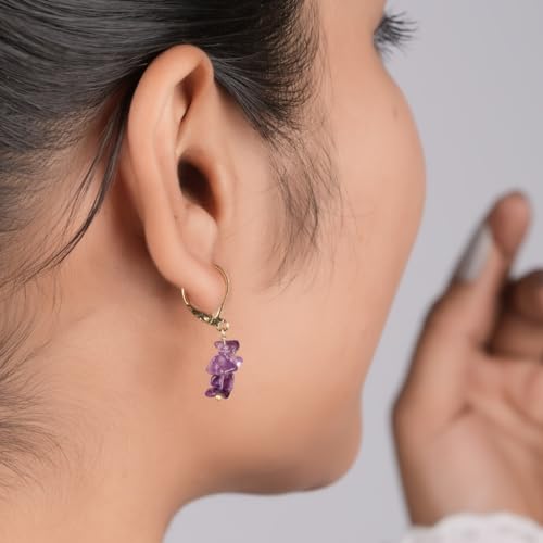 Detalle de Gempires Amethyst Chip Leverback Hoop Earrings – 14K Yellow Gold Plated Handmade Gemstone Hoops