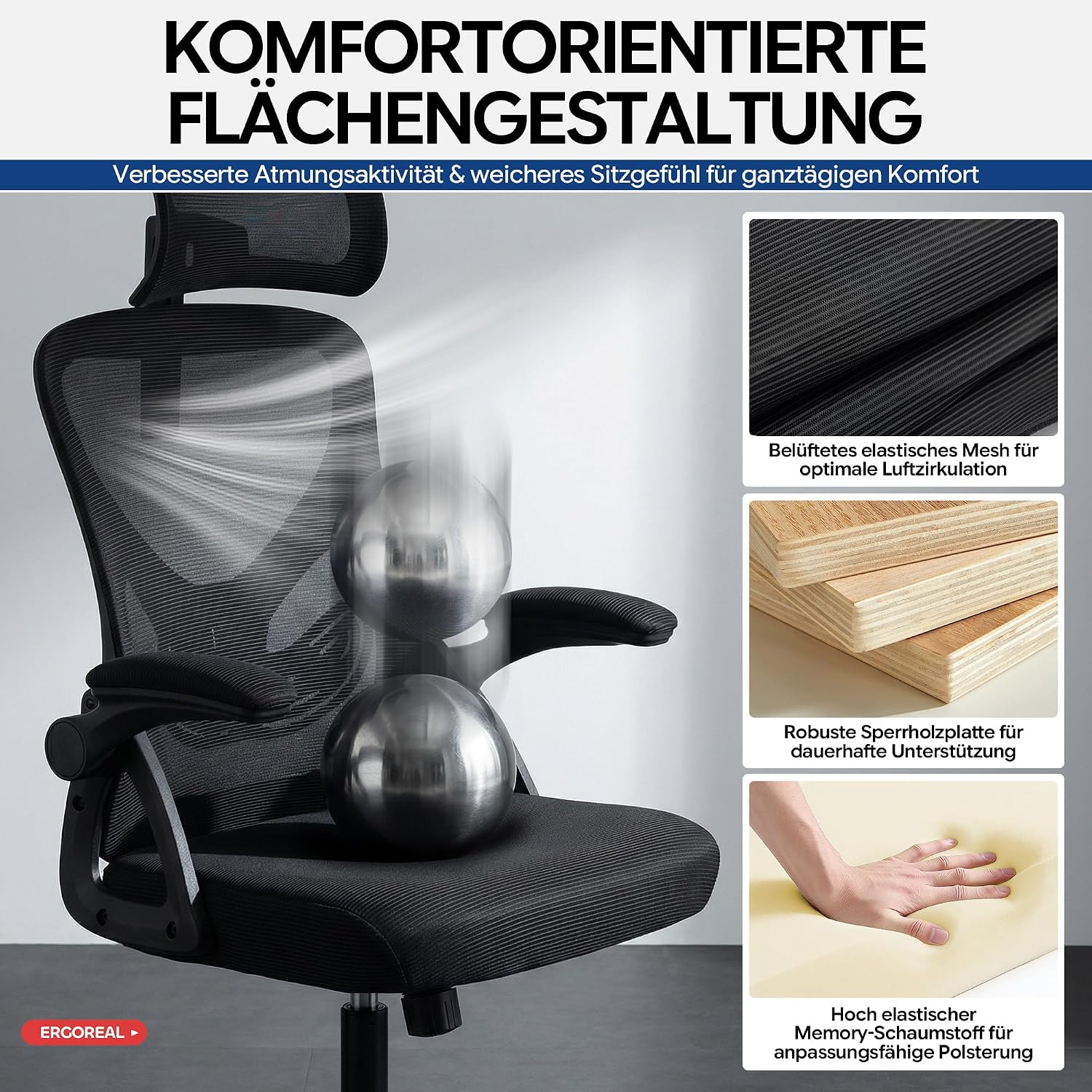 Thumbnail 5 de Ergoreal Ergonomischer Mesh-Bürostuhl für Home Office – verstellbare Lendenstütze, 2D-Kopfstütze, klappbare Armlehnen, bis 150 kg