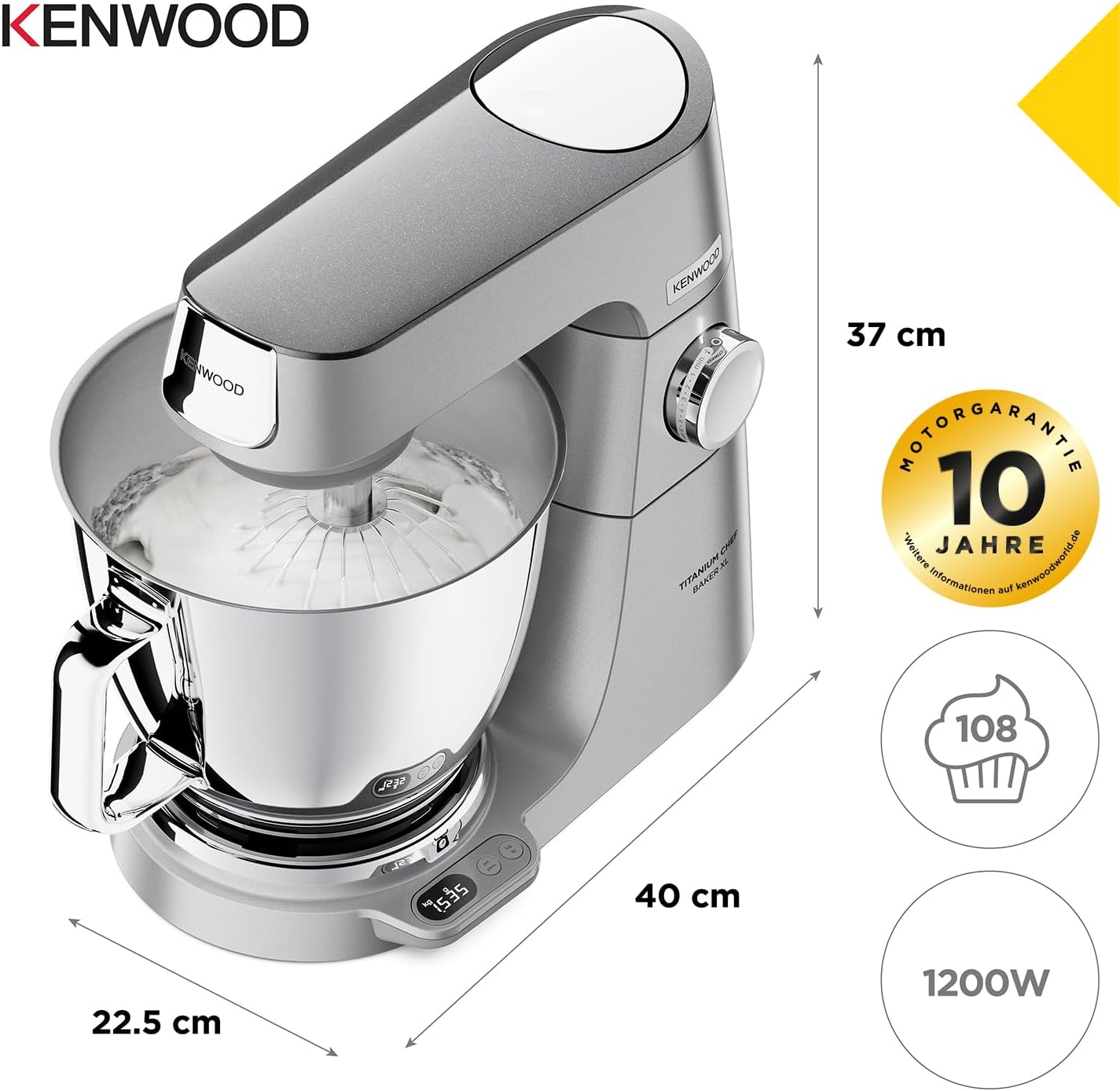Detalle de Kenwood Titanium Chef Baker XL KVL85.424SI Küchenmaschine mit integrierter Waage und Patisserie-Set (7 L & 5 L)