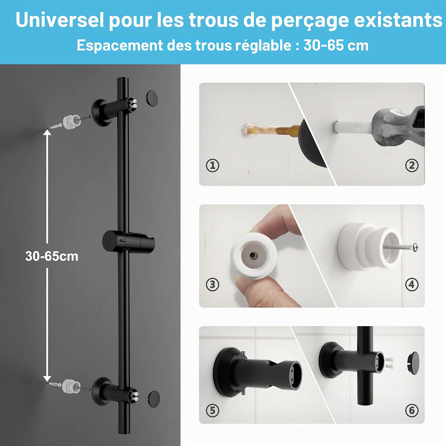Detalle de Görbach Colonne de Douche avec Mitigeur Thermostatique — Barre 70 cm en Acier inoxydable, Noir avec étagère et douchette