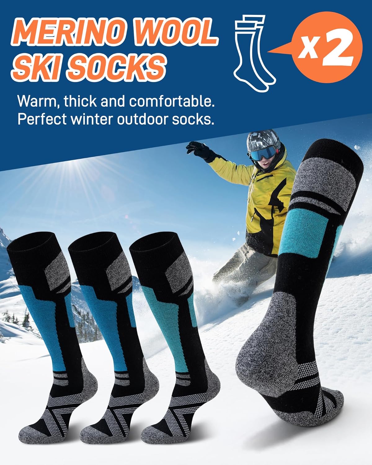 Detalle 2 de Niorasen Merino Wool Ski Socks for Men & Unisex (2 Pairs) – Thermal Knee-High Cushion for Winter Skiing & Outdoors