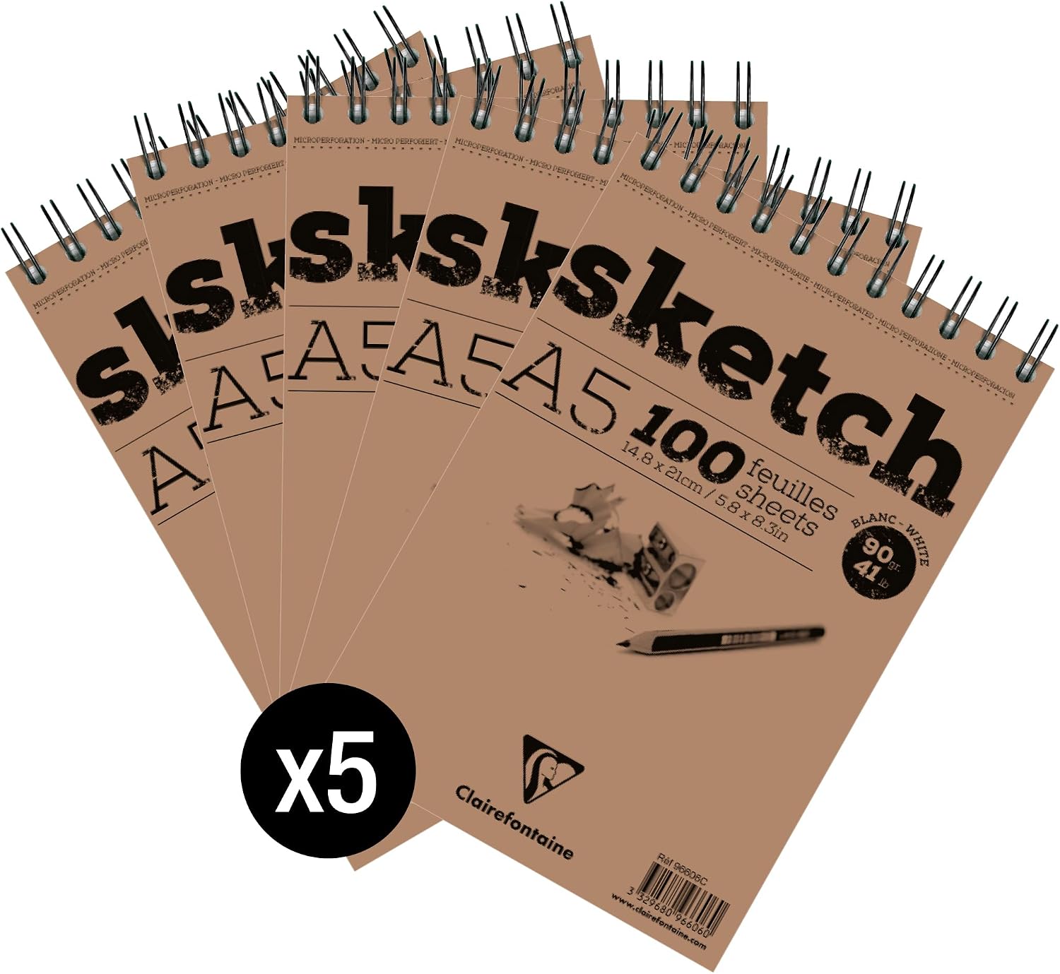 Detalle de Clairefontaine 96606C Blocco Spiralato Carta Sketch A5 – 5 blocchi, 90 g, grana fine, fogli staccabili