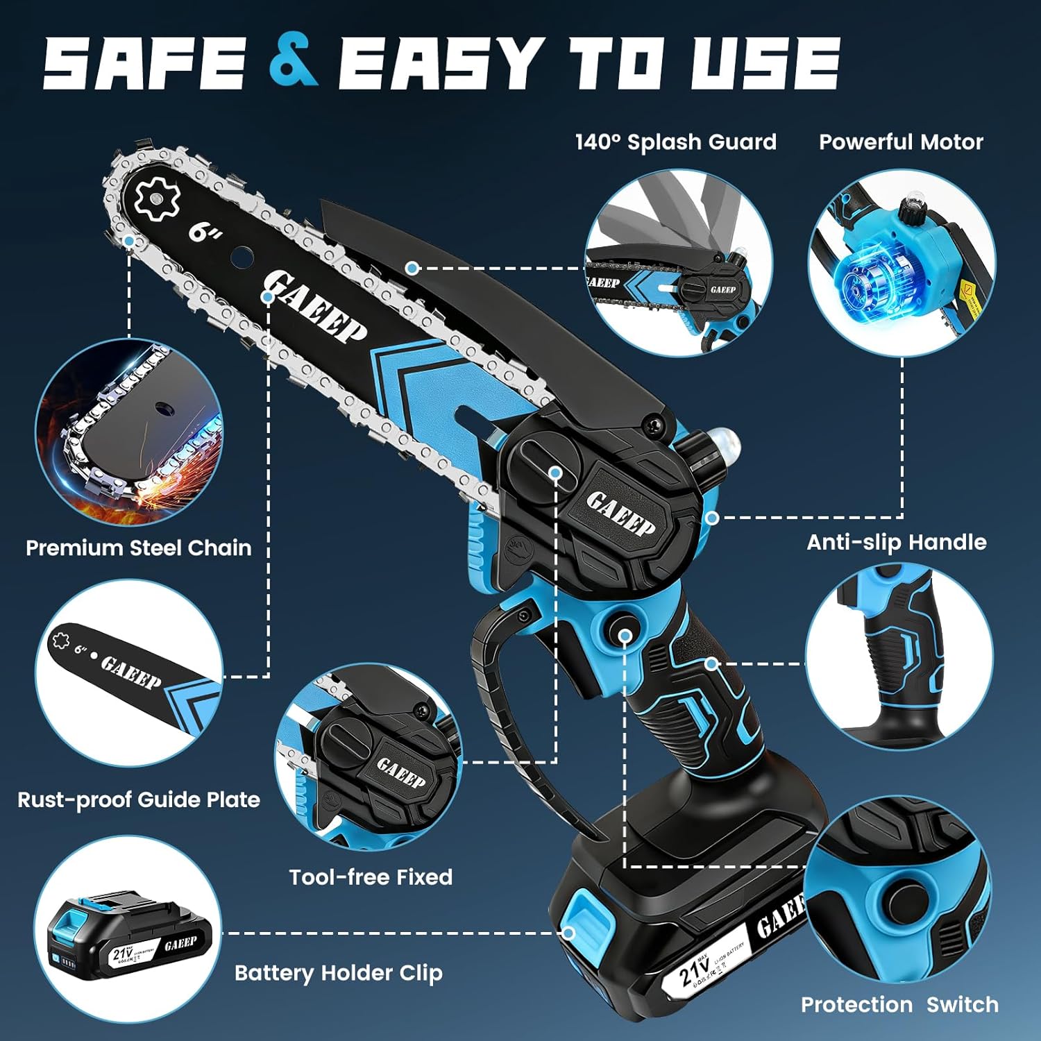 Thumbnail 6 de GAEEP Mini Cordless Chainsaw 6 Inch with 2x3000mAh Batteries & Charger (800W)