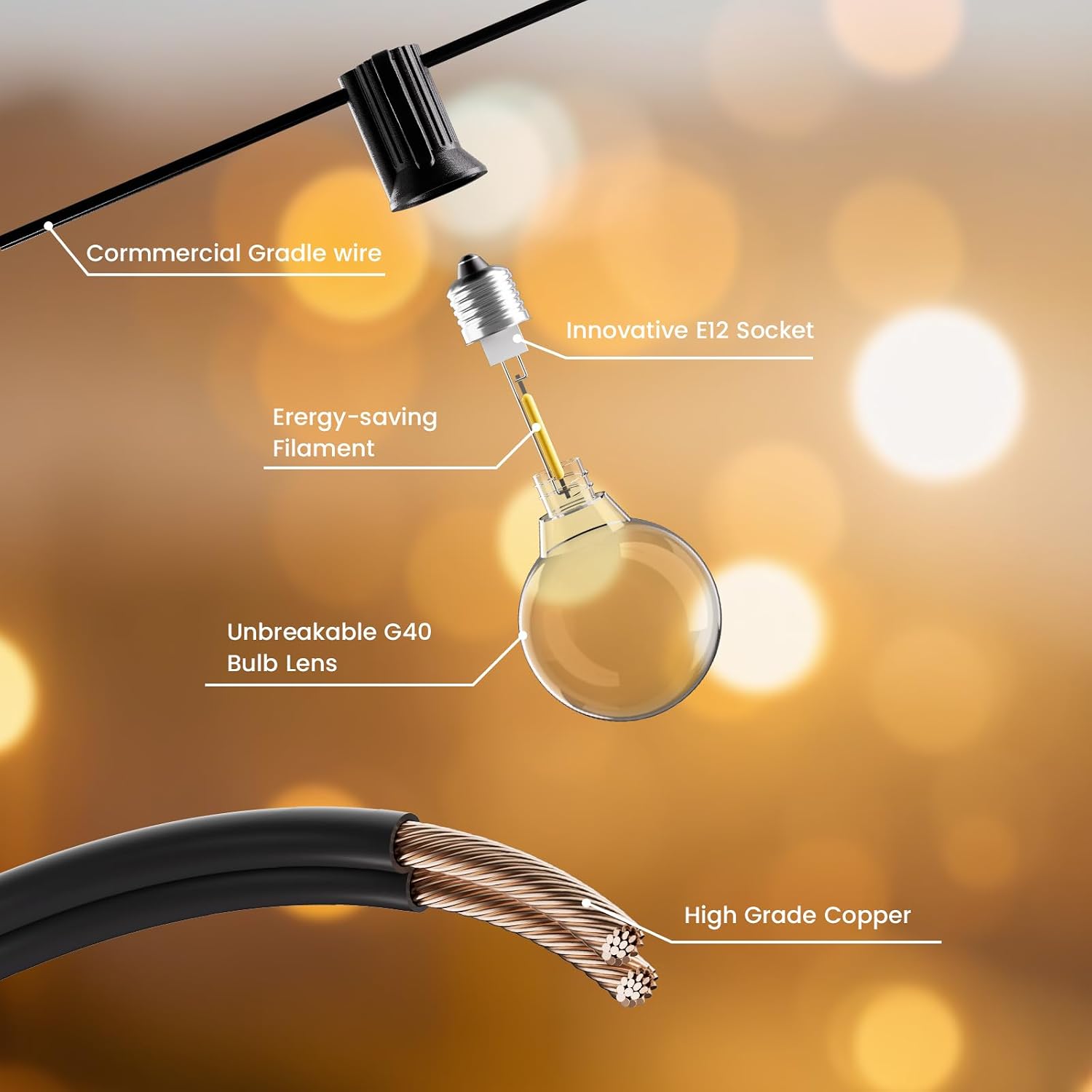 Detalle 2 de Yuucio Guirnalda de Luces Exterior LED 7.6M con Bombillas G40