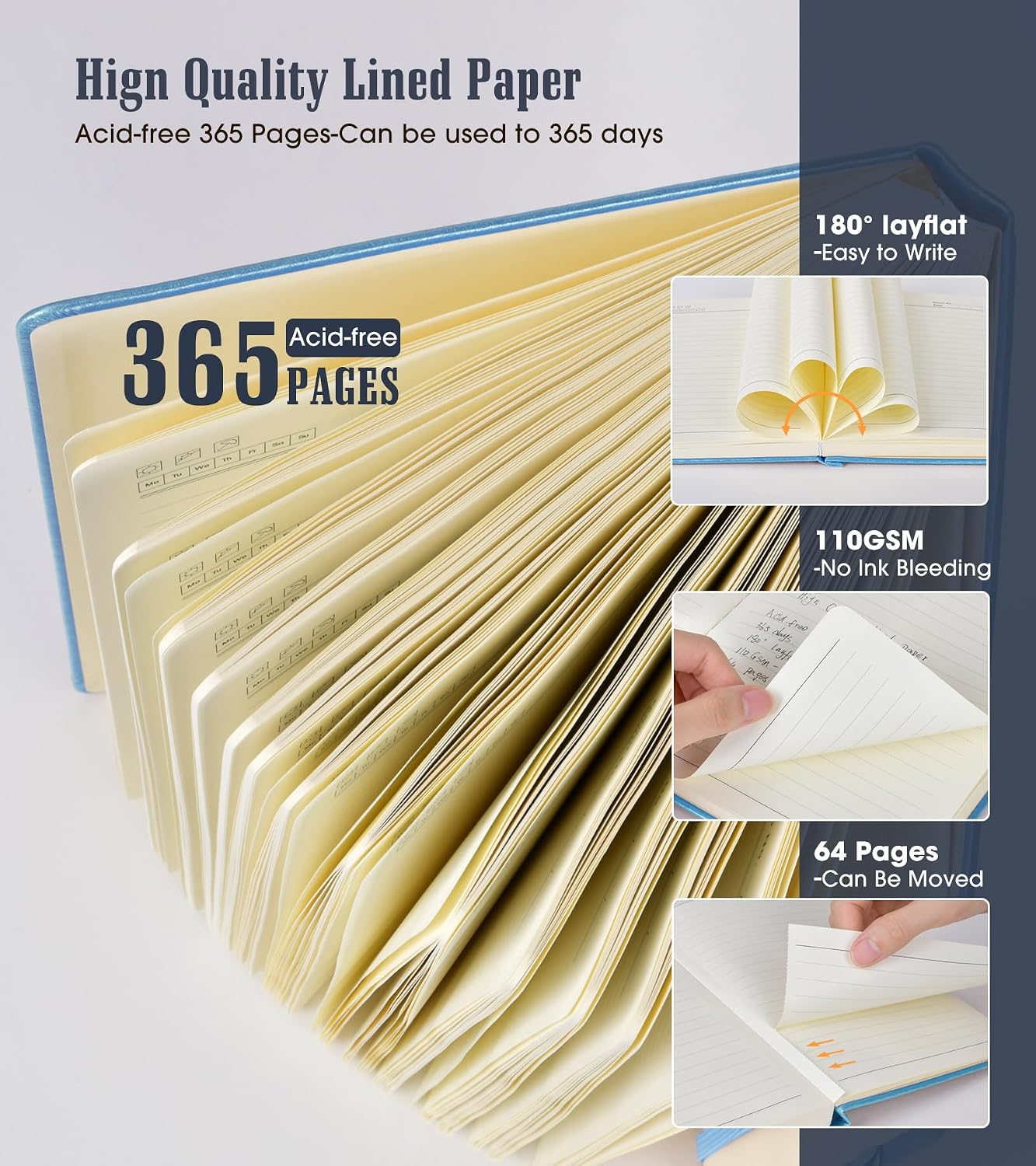 Detalle de Ansopu A4 Lined Journal Notebook, 365 Pages, 100 GSM Paper, Blue Hardcover