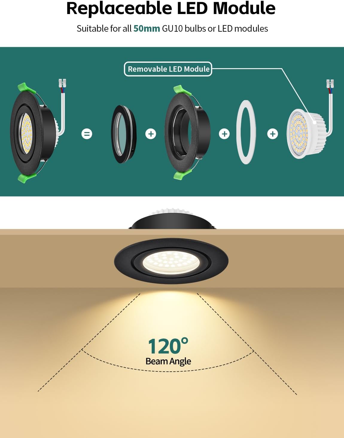 Detalle 2 de KYOTECH LED-Einbaustrahler 230V dimmbar, 5 W, 4000 K (IP65) im 6er-Set, Einbau 65–75 mm, schwarz (nicht drehbar)