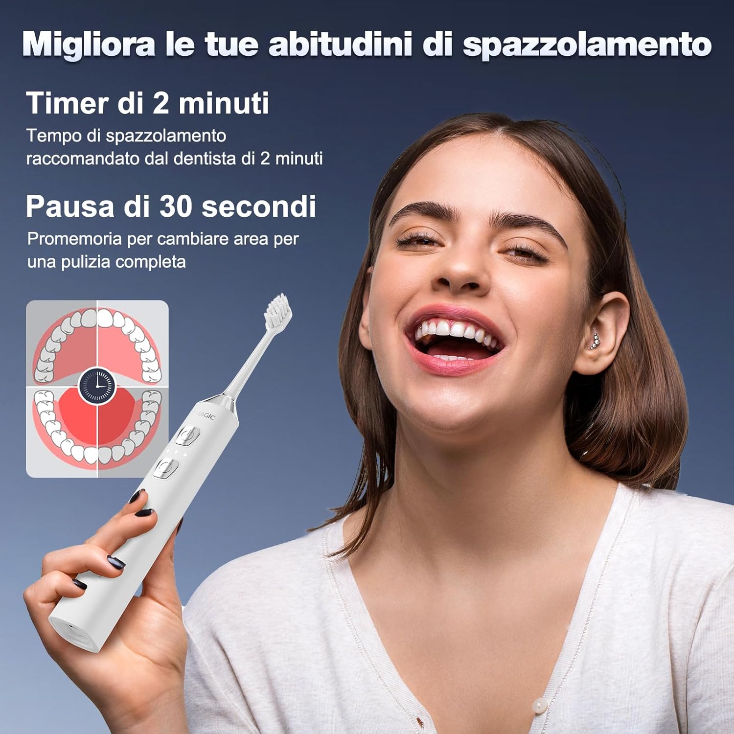 Detalle de Spazzolino elettrico sonico 7MAGIC con 3 intensità, 5 modalità e timer da 2 minuti (IPX7) – autonomia 180 giorni