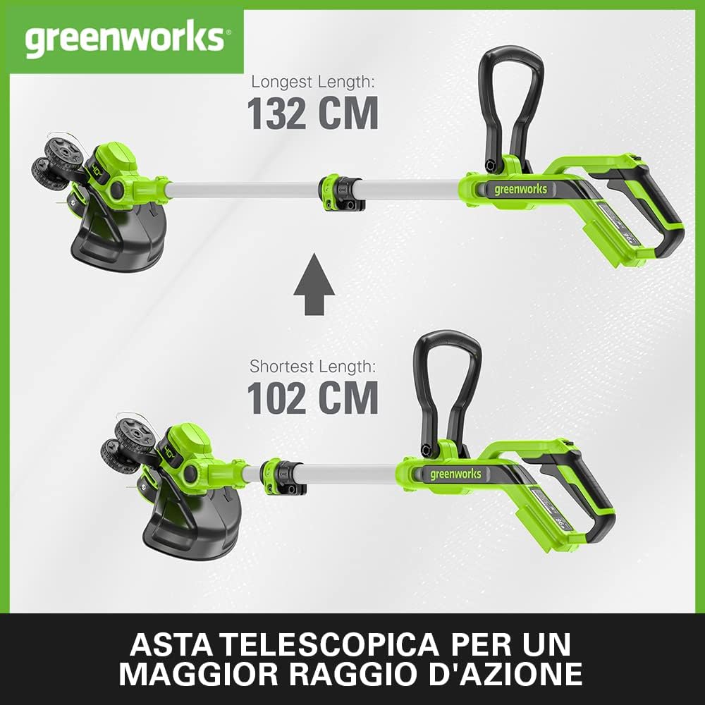 Detalle de Greenworks 40V Akku Rasentrimmer & Kantenschneider mit Rad – inkl. 40V 2Ah Akku & Ladegerät