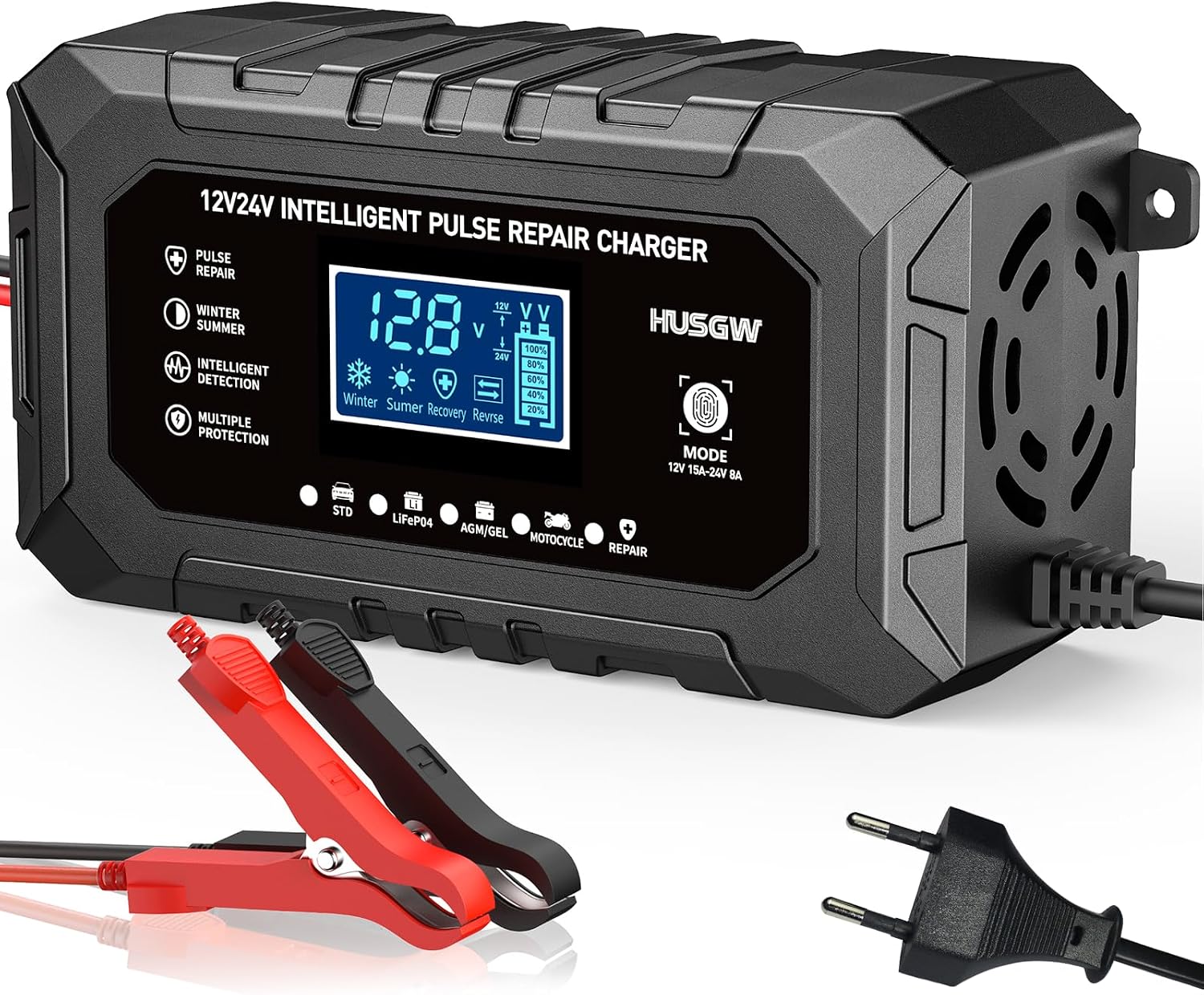 Husgw 12V 15A / 24V 8A caricabatterie per auto, moto e camion LiFePO4 con 9 livelli