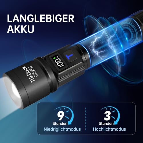 Detalle 2 de Taschenlampe LED Aufladbar 2 Stück von TrixDock – USB-C, Zoom, LCD-Display, 5 Modi