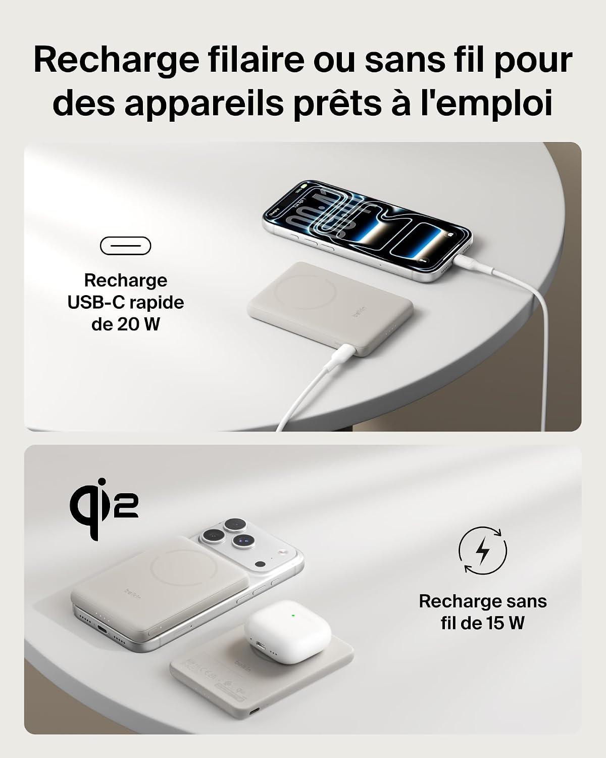 Detalle 2 de Belkin BoostCharge Batterie Externe Magnétique 5000 mAh – Chargeur portable 15 W, anneau magnétique et USB-C inclus (Beige)