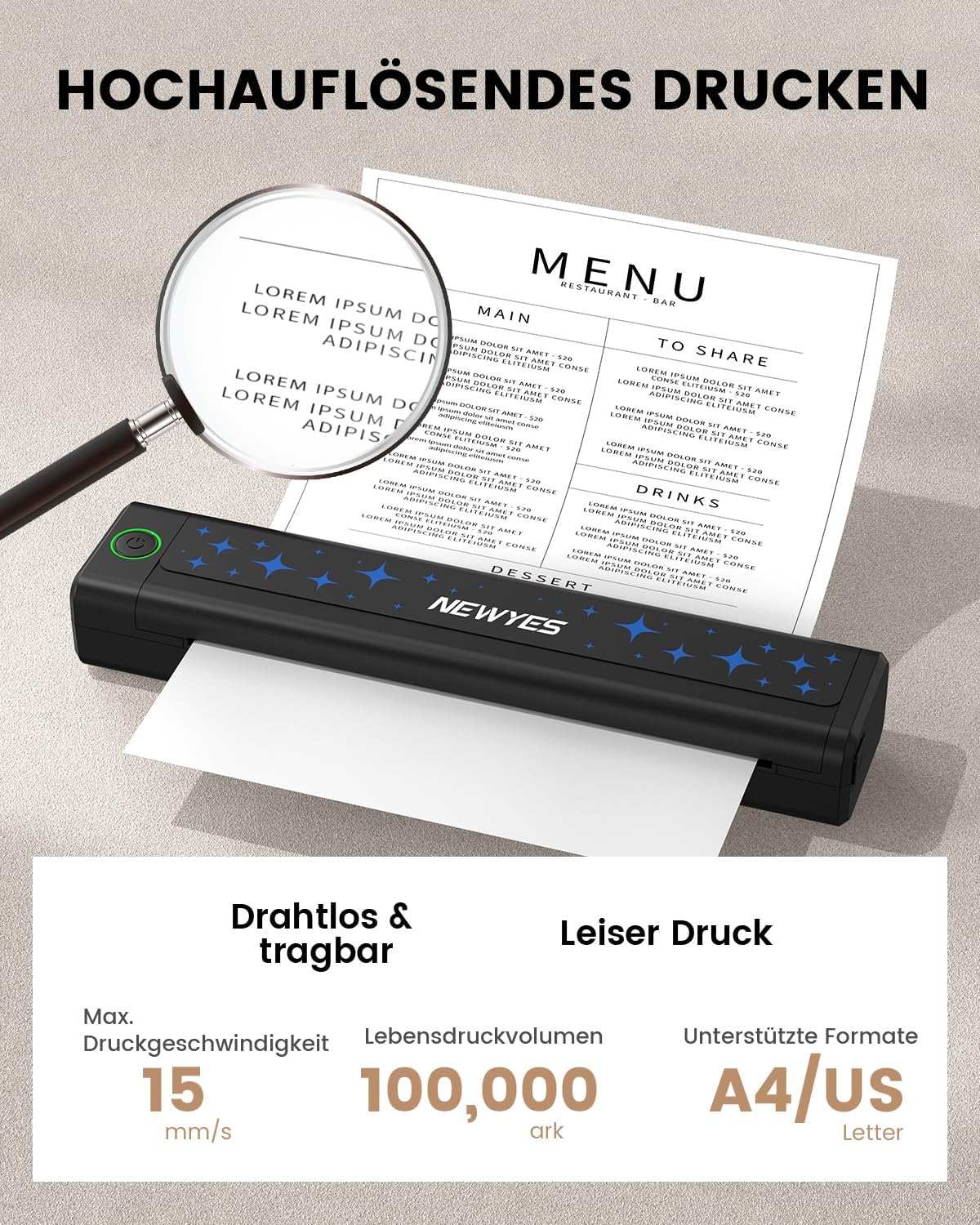 Thumbnail 1 de NEWYES Tragbarer Thermodrucker für A4 (300 dpi) – Bluetooth-Drucker für Geschäftsreisen & Studium