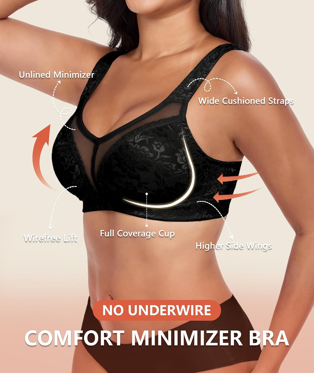 Detalle de UPGAMR Full Coverage Minimizer Bras (Wirefree) – Lace Jacquard Plus Size Support, Large Bust