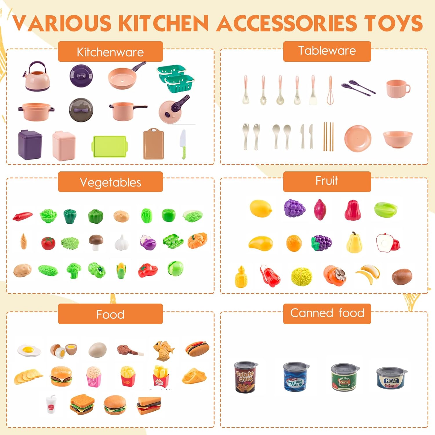 Detalle de 200Pcs Mini Play Kitchen Accessories Set for Kids (Pretend Cooking Playset) — Cookware, Tableware, and 2 Fruit Sets, Pink