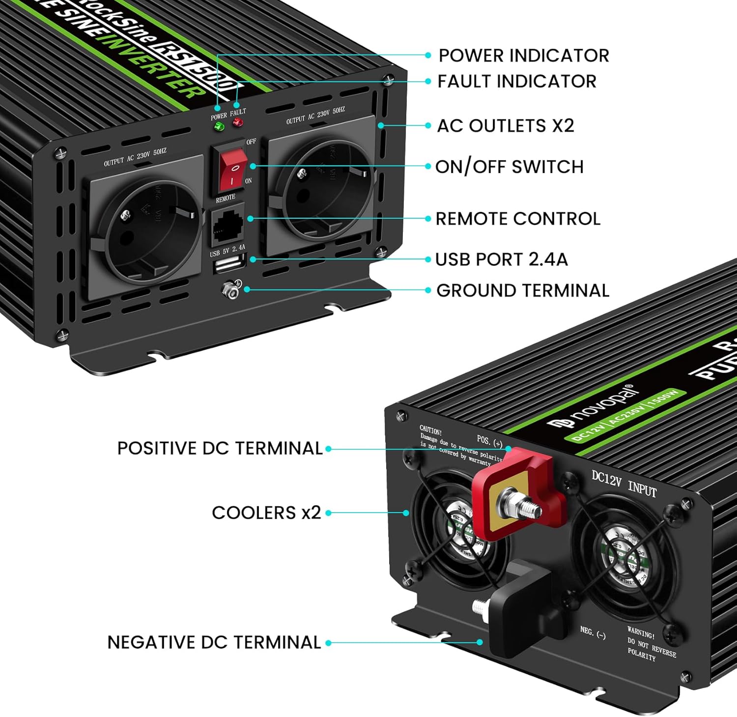 Thumbnail 1 de Novopal Power Inverter onda sinusoidale pura 1500W (12V DC → 220V/230V AC) con telecomando e 2 prese EU