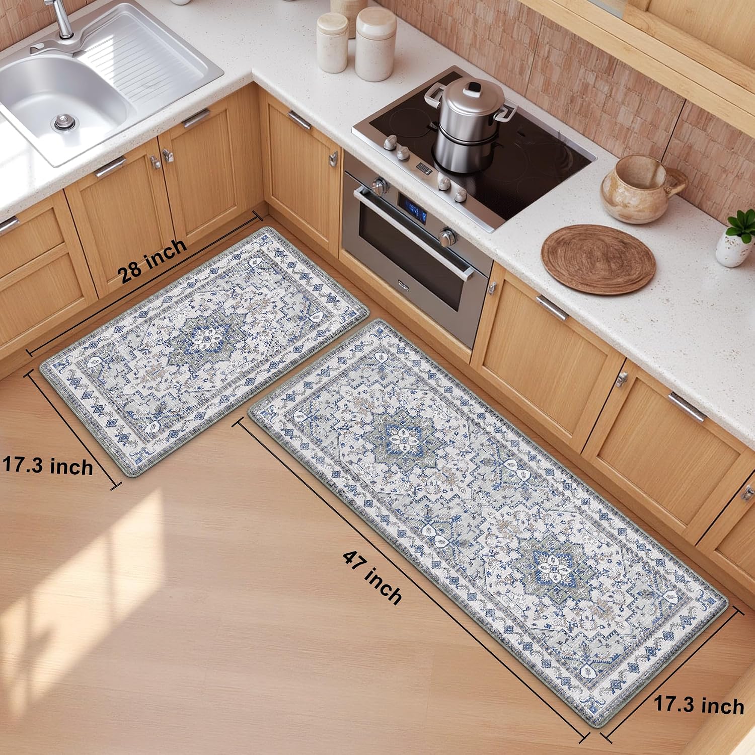 Thumbnail 1 de Boho Kitchen Mats for Floor 2 Piece Set — Anti-Fatigue, Non-Slip, Waterproof Cushioning (Blue Grey) 17.3" x 47" + 17.3" x 28