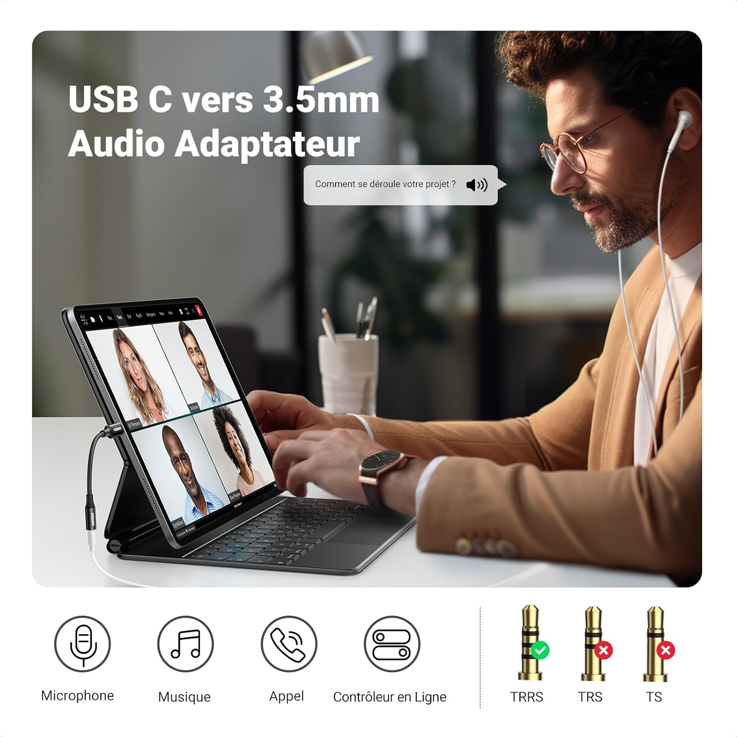 Thumbnail 1 de UGREEN Adaptateur USB-C vers Jack 3,5 mm TRRS avec DAC (4 pôles) – micro et contrôle compatibles
