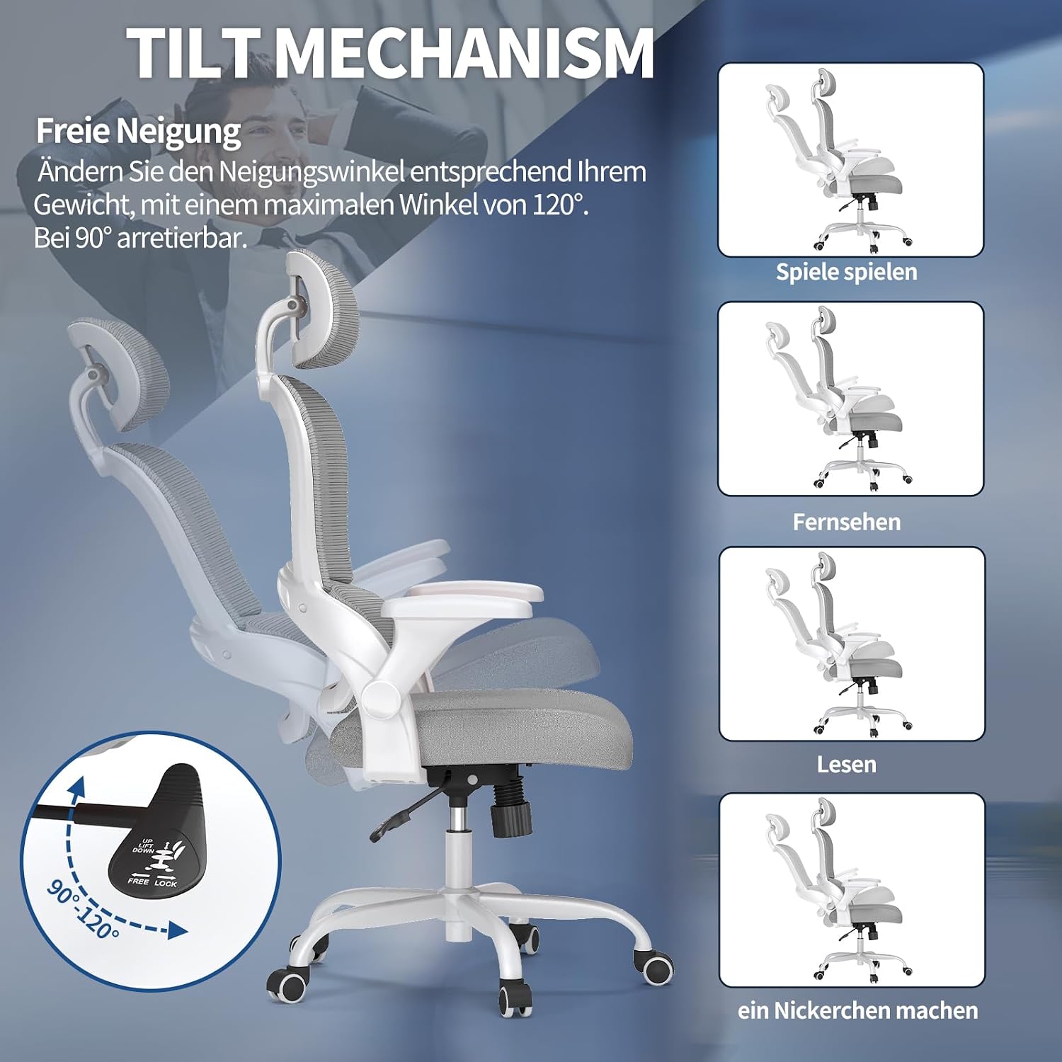 Detalle de TRALT Ergonomischer Bürostuhl – verstellbare Kopfstütze, 150 kg Tragkraft und atmungsaktives Netzdesign